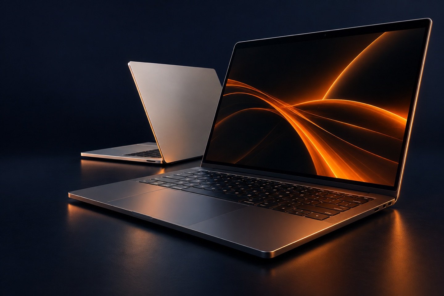 Composition illustrative de laptops performants éclairés en orange sur fond bleu nuit