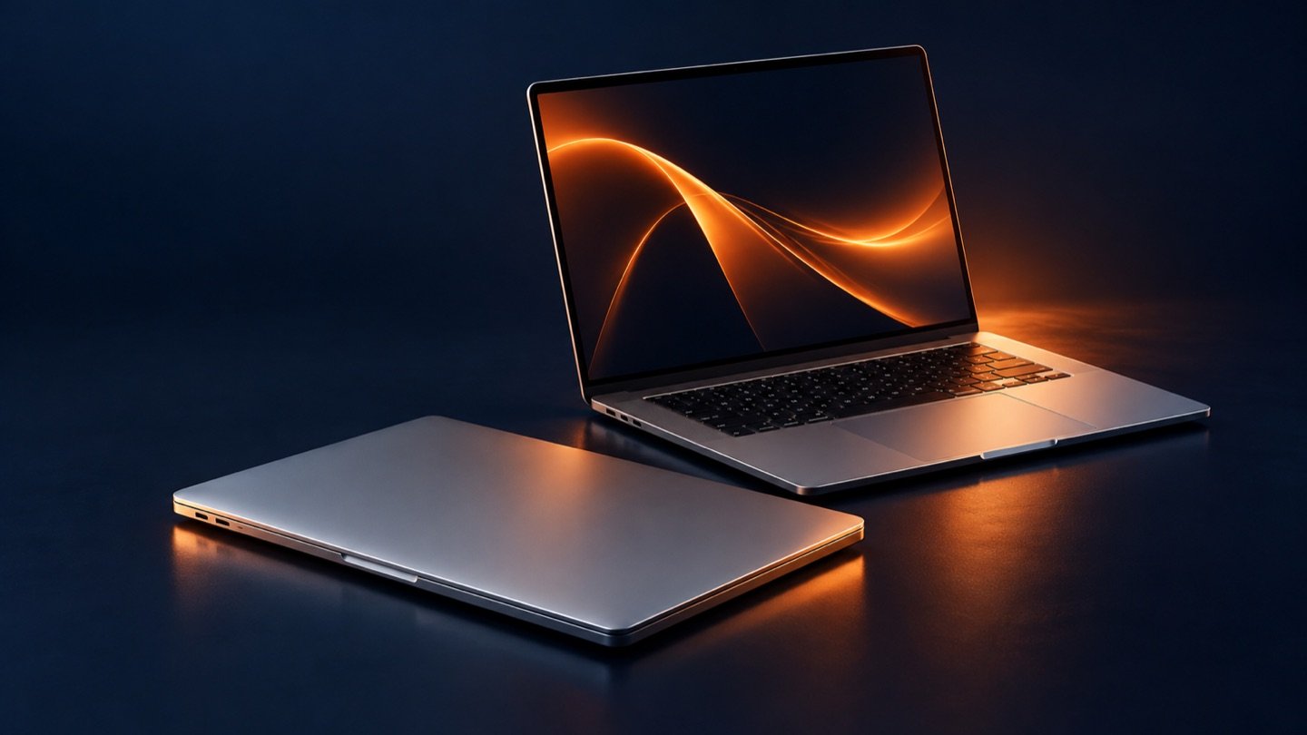 Composition illustrative de laptops en aluminium, éclairés en orange sur fond bleu nuit
